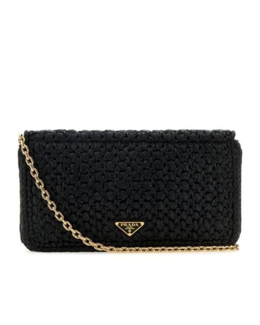 Prada Black Logo-Embroidered Chain-Linked Crochet Shoulder Bag