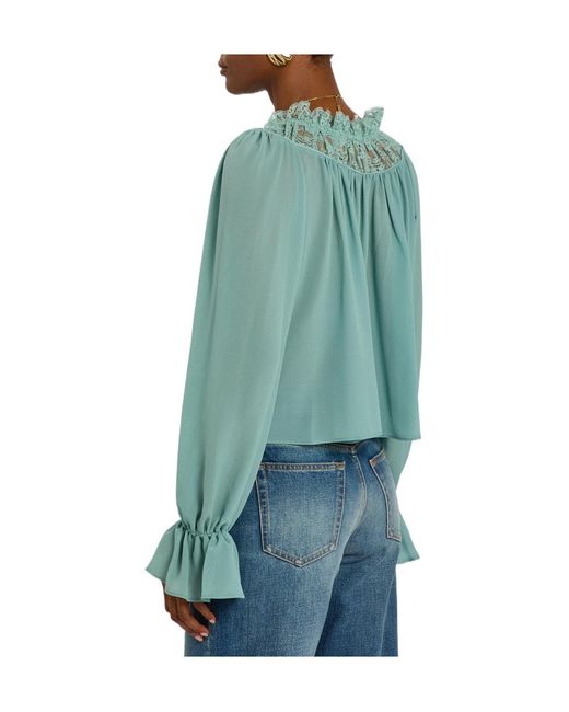 Chloé Blue Ruffled Lace-Trim Silk Blouse