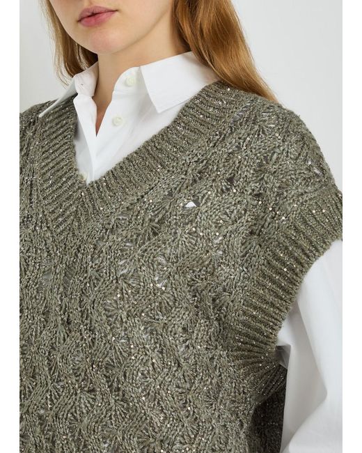 Brunello Cucinelli Green Sequin V-Neck Knit Vest