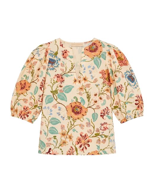 Ulla Johnson Natural Floral Print Puff Sleeve Cotton Top