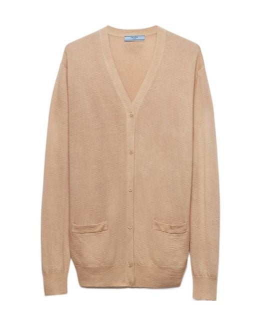 Prada Natural Triangle-Logo V-Neck Cardigan