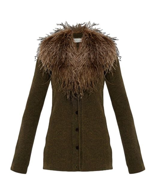 Blumarine Green Feather-Embellished Wool Cardigan