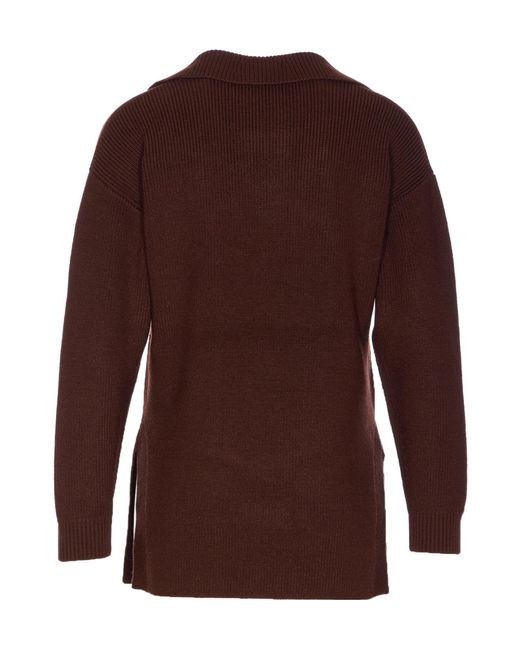 Elisabetta Franchi Brown Ribbed Knit Buckle-Detail Polo-Collar Jumper