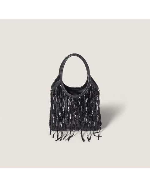 Miu Miu Black Ivy Satin Handbag With Crystal And Sequin Fringe