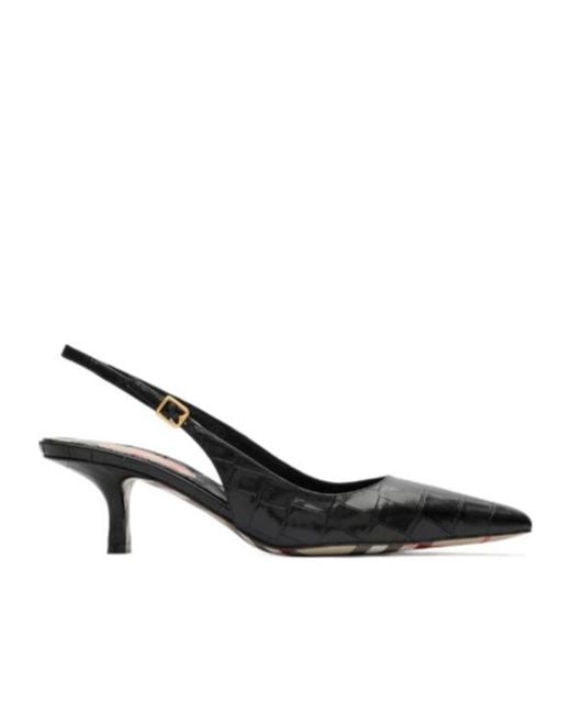 Burberry Black Crocodile-Effect Leather Dame Slingback Pumps
