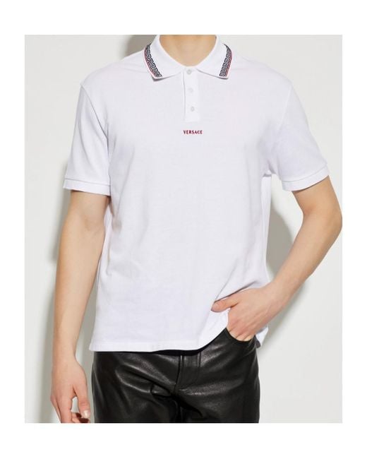 Versace White Logo Embroidered Short-Sleeved Polo Shirt for men