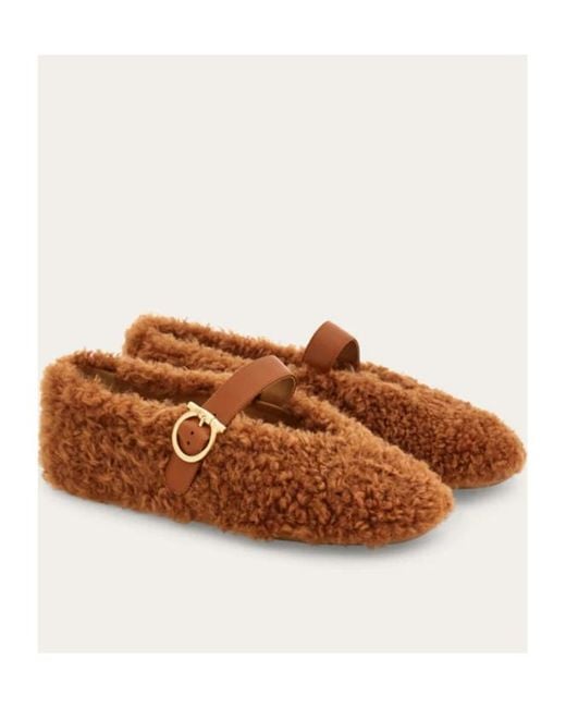 Ferragamo Brown Ferragamo Shearling Buckled Slip-On Ballet Flats