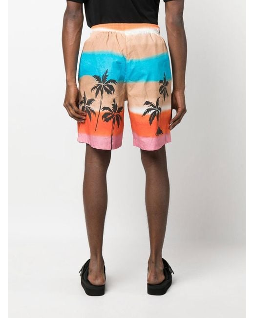 Barrow Blue Palm-Tree Printed Striped Bermuda Shorts for men