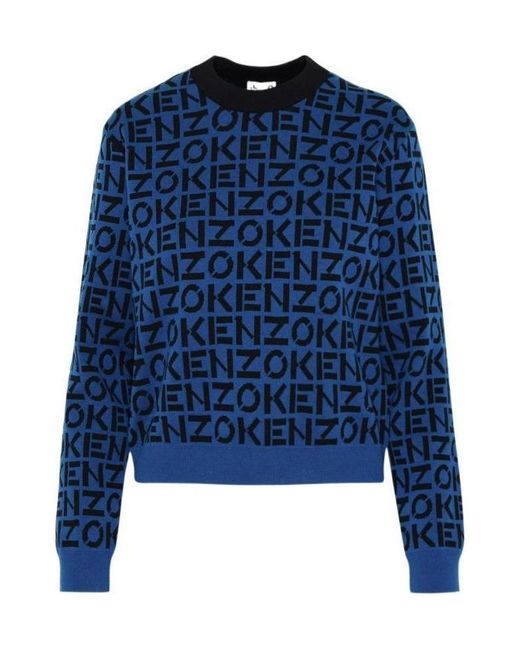 KENZO Blue Logo-Knit Crewneck Jumper