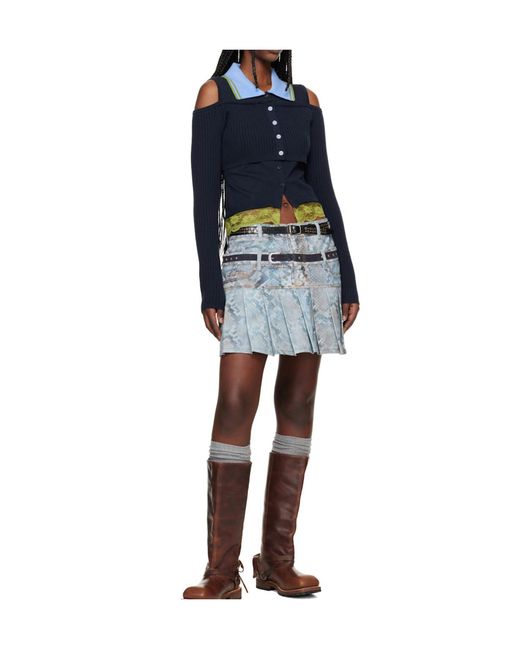 ANDERSSON BELL Blue Python Print Faded Denim Mini Skirt