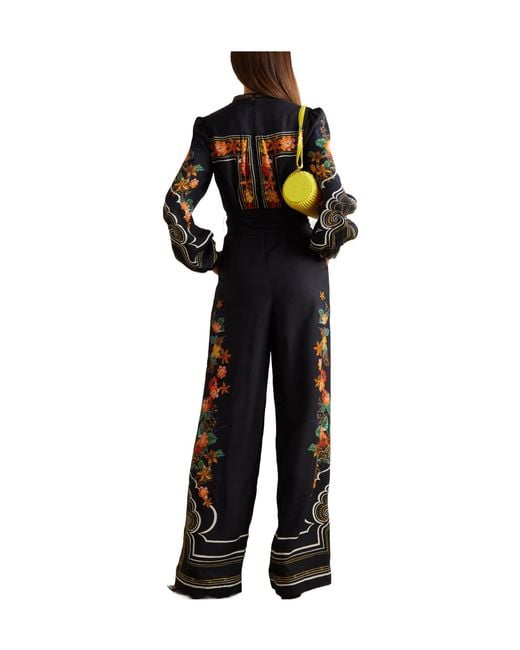 Saloni Black Bryce Belted Printed Crepe Jumpsuit