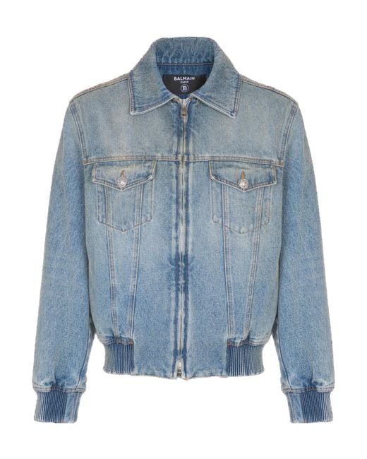 Balmain Blue Cropped Lined Denim Jacket for men