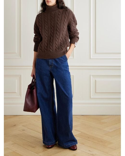 Bally Brown Cable-Knit Wool Turtleneck Sweater