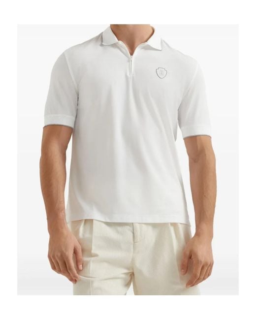 Brunello Cucinelli White Zipped Logo Polo Shirt for men