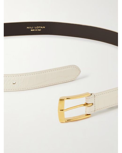 Nili Lotan White Dana Crocodile-Patterned Leather Belt