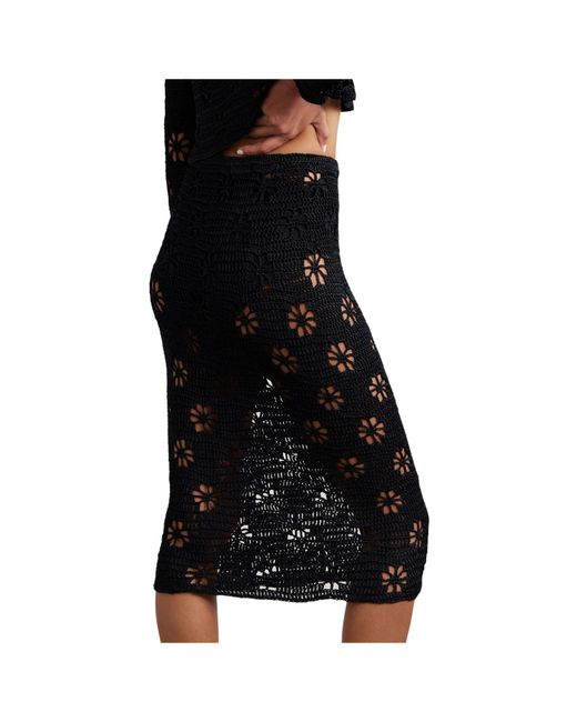 Calle Del Mar Black Crochet Midi Skirt With Floral Motifs