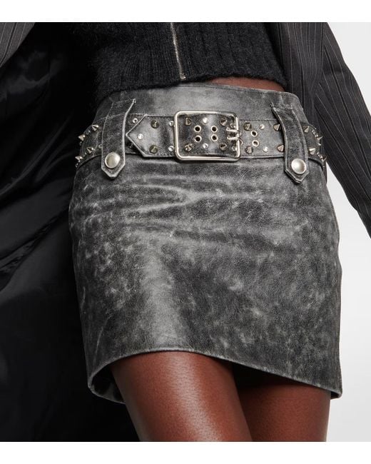 Alessandra Rich Gray Belted Embellished Leather Miniskirt