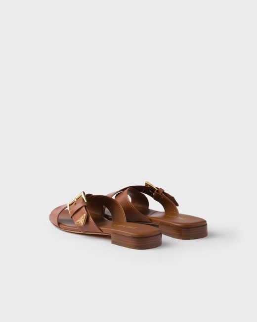 Prada Brown Logo Plaque Buckled Sandals
