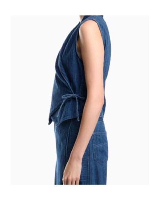 Emporio Armani Blue Pinstriped Wrap Denim Vest
