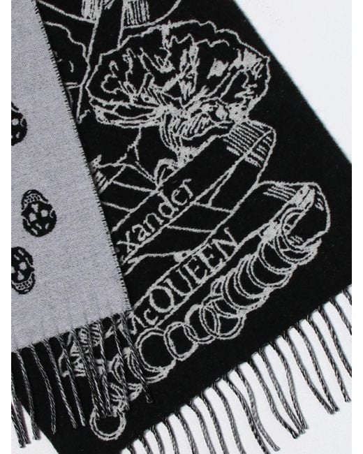 McQueen Gray Skull Intarsia Knitted Fringed Scarf