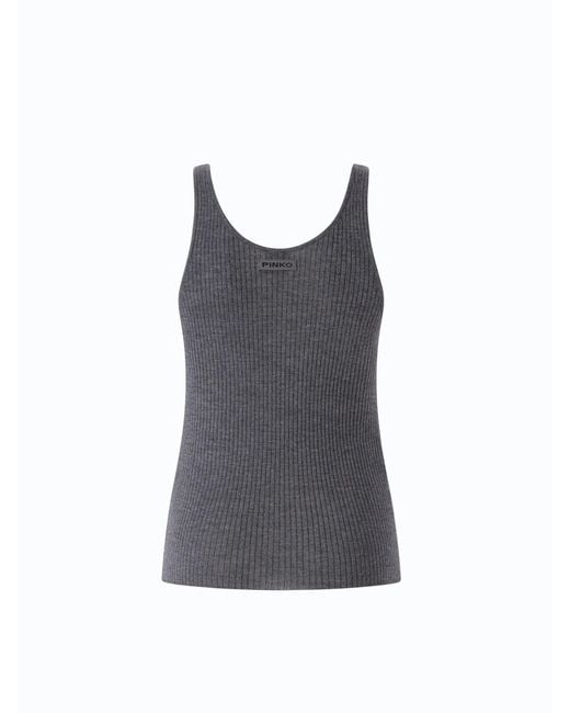 Pinko Gray Ribbed-Knit Logo-Patch Tank Top