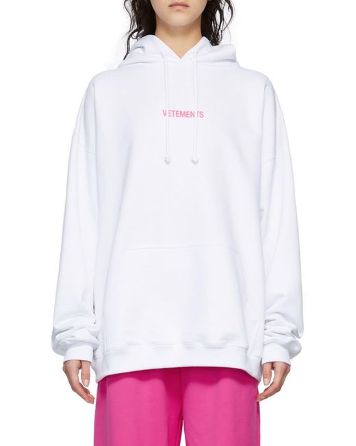 Vetements White Logo-Print Drawstring Hoodie for men