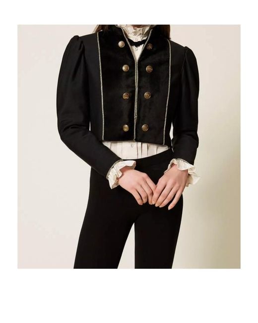 Twinset Black Velvet-Trimmed Puff-Sleeve Jacket