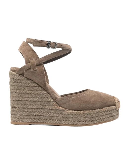 Brunello Cucinelli Gray Exquisite Lace-Up Wedge Espadrilles