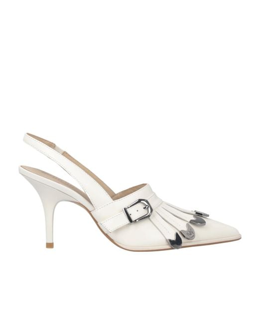 Pinko White Slingback Fringed-Detail Pumps