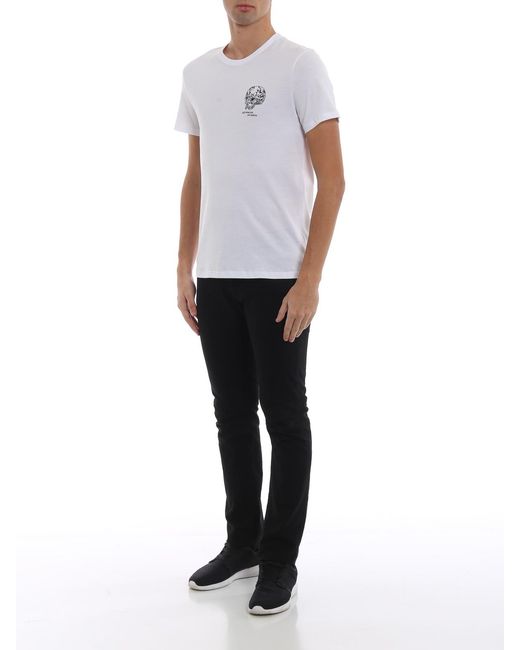 McQueen White Printed T-Shirts With Flowers And Skulls for men