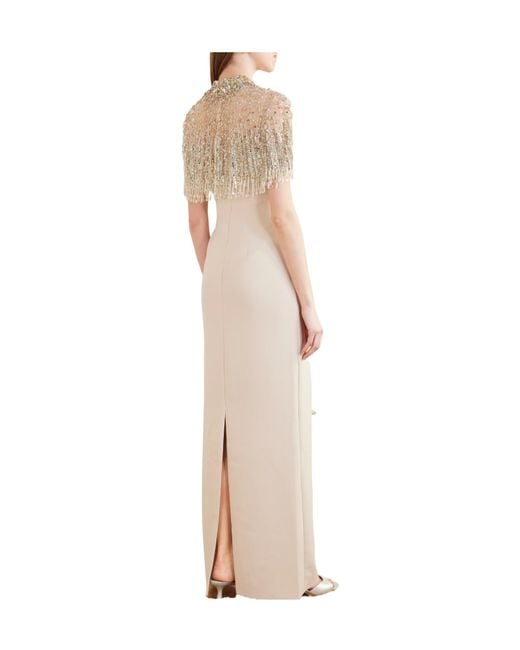 Jenny Packham White Cape Effect Embellished Tulle Gown