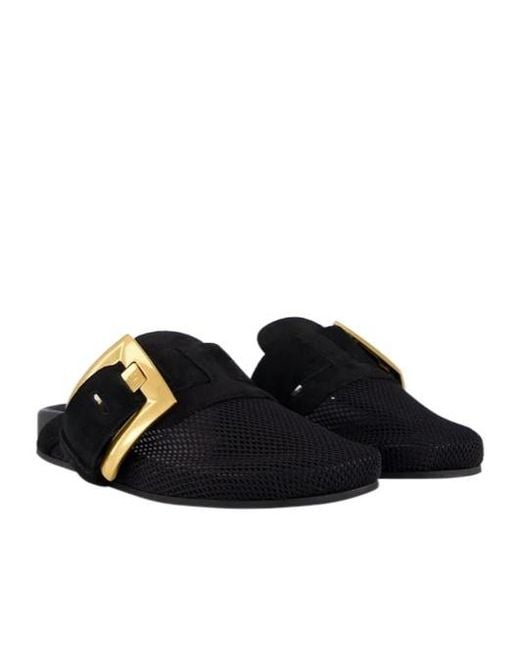 Balmain Black Anthem Square-Buckle Flat Mules