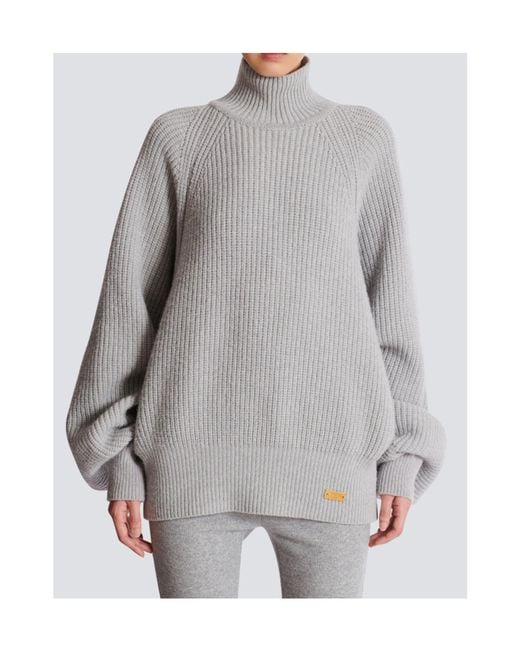 Balmain Gray High-Neck Ribbed Knit Jumper