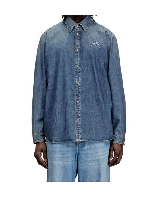 DIESEL Blue D-Simply-S15 Embroidered Emblem Denim Shirt for men