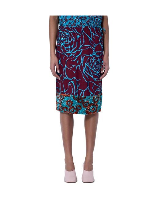 Dries Van Noten Blue Embellished Floral Midi Skirt
