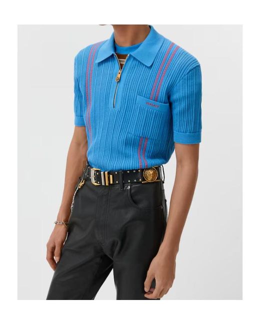 Versace Blue Logo-Embroidered Knitted Polo Shirt for men
