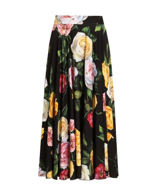 Dolce & Gabbana Black Floral Printed Midi Flared Skirt
