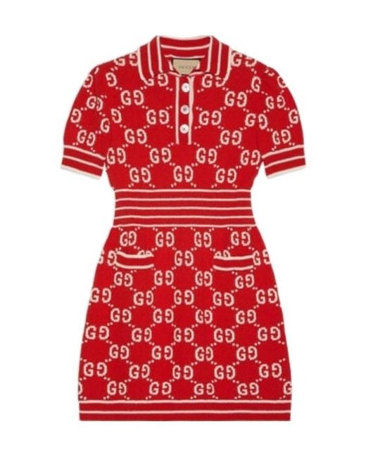 Gucci Red Monogram-print V-neck Cotton-blend Mini Dress