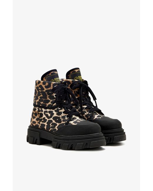 Ganni Black Trail Leopard-Printed Lace-Up Combat Boots