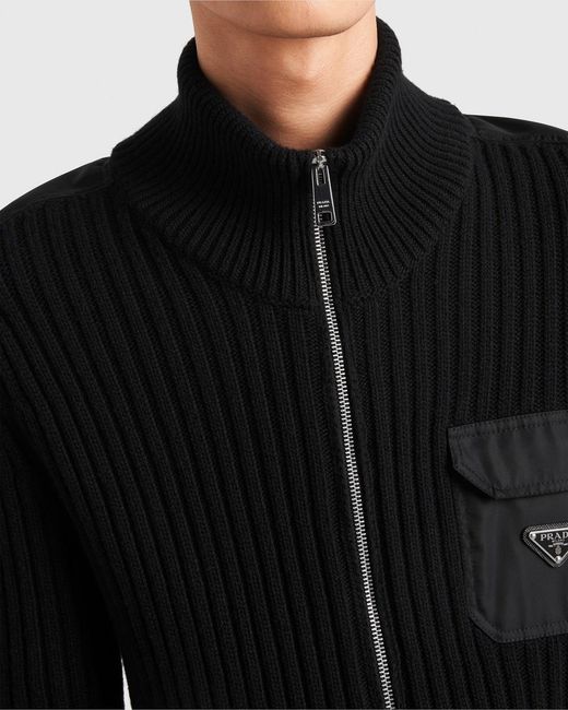 Prada Black Wool And Cashmere Cardigan With Re-Nylon Details for men