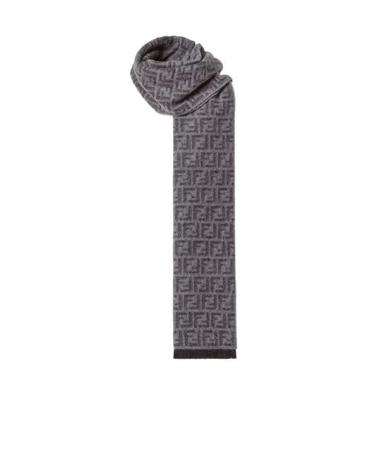 Fendi Gray Ff Jacquard Fringed-Edge Scarf for men