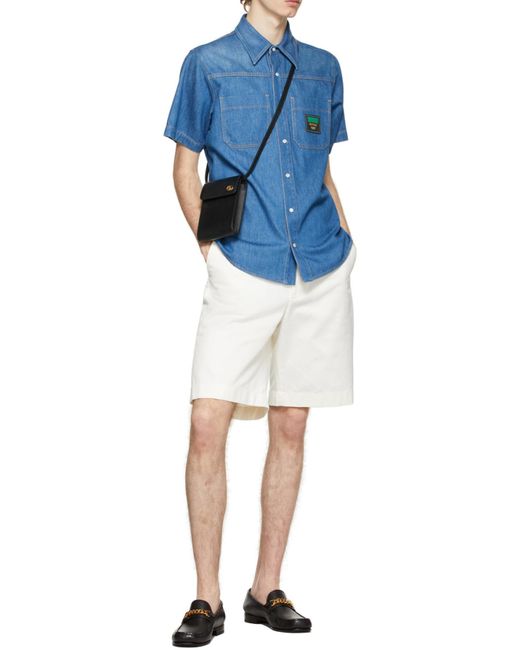 Gucci Blue Logo Patch Short-Sleeved Denim Shirt for men