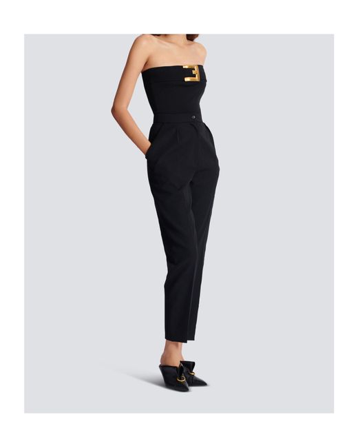 Balmain Black Strapless Buckle Crepe-Texture Bodysuit