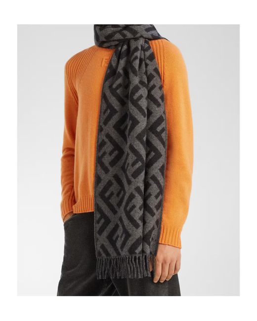 Fendi Gray Logo Jacquard Fringed Scarf for men