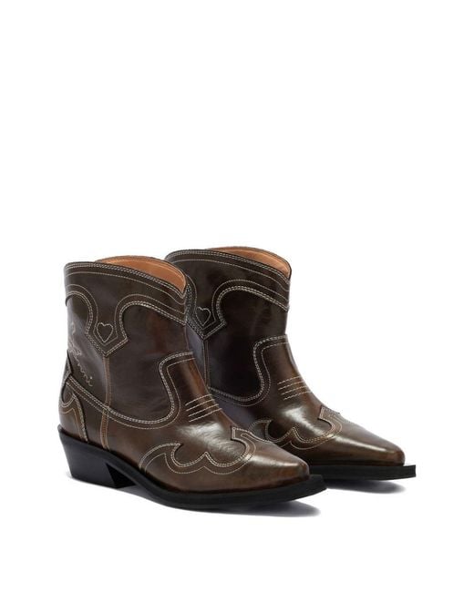 Ganni Brown Low Shaft Embroidered Western Boots