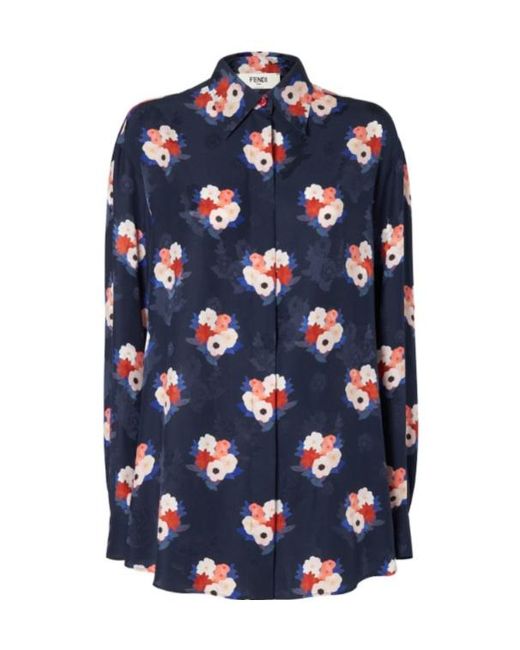 Fendi Blue Dark Satin Shirt With Floral Print