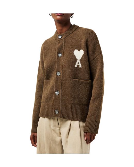 AMI Brown Round-Neck Knit Cardigan