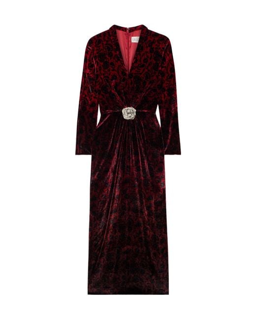 Saloni Gathered Printed Velvet Midi Dress