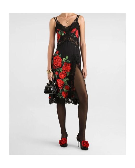 Dolce & Gabbana Red Rose-Print Charmeuse Midi Dress