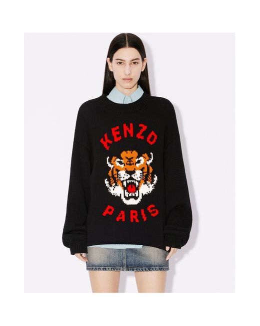 KENZO Black Lucky Tiger Crewneck Knitted Jumper for men